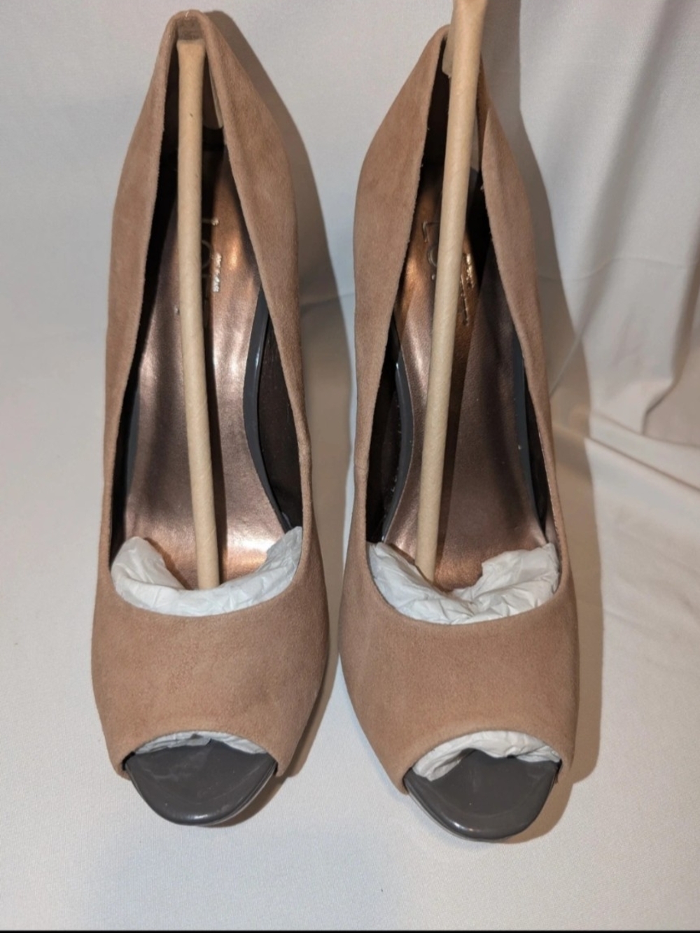 LOFT Taupe Suede Open-Toe Heels